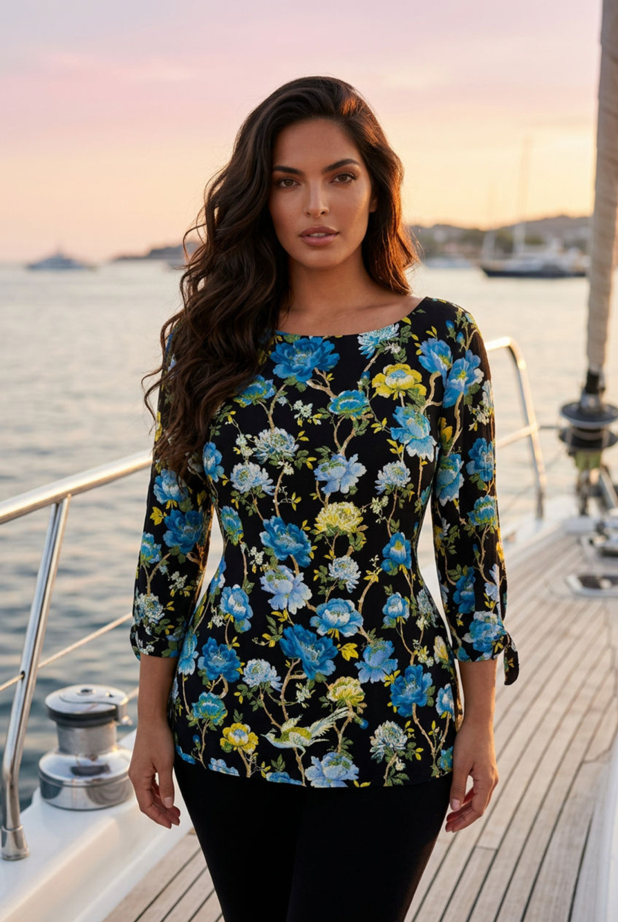 J.Jill Black Floral Chinoiserie Boat Neck Blouse with 3/4 Tie Sleeves